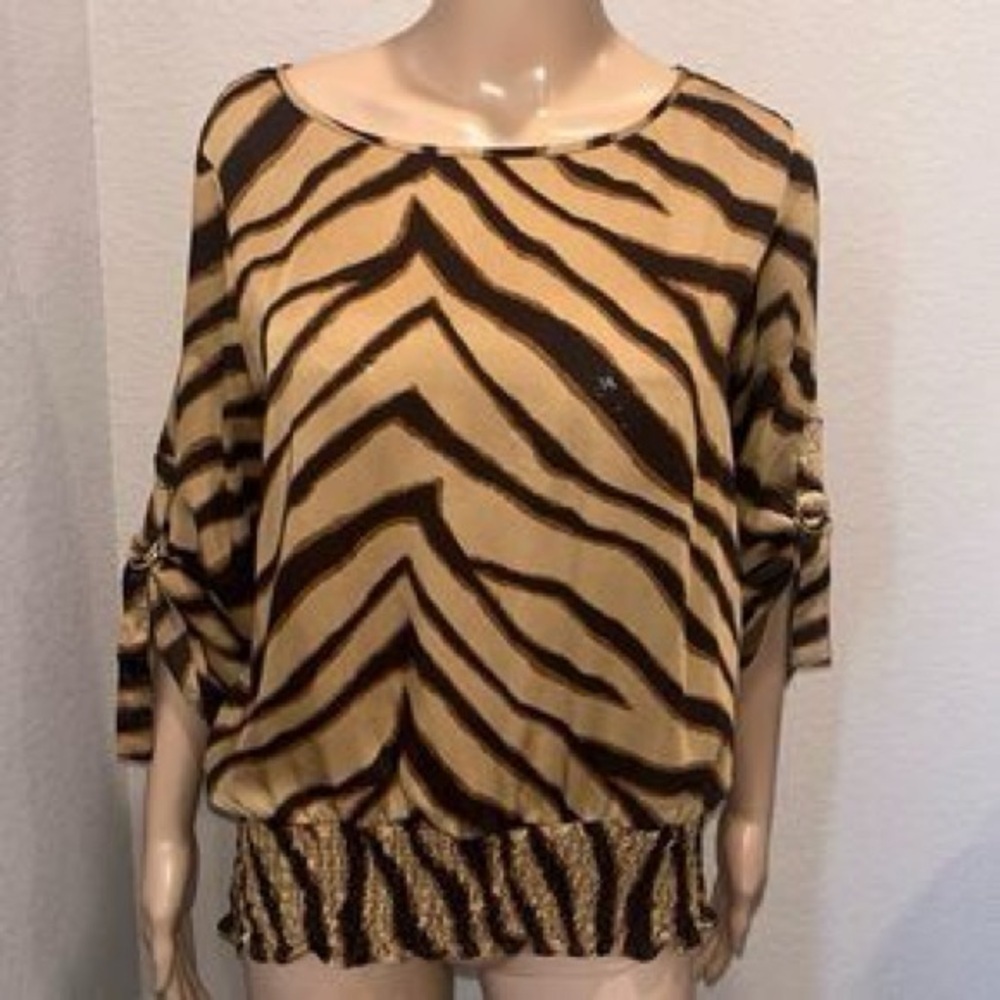 Michael Kors Women’s Taupe and Brown Animal Print Blouson Top- size Large